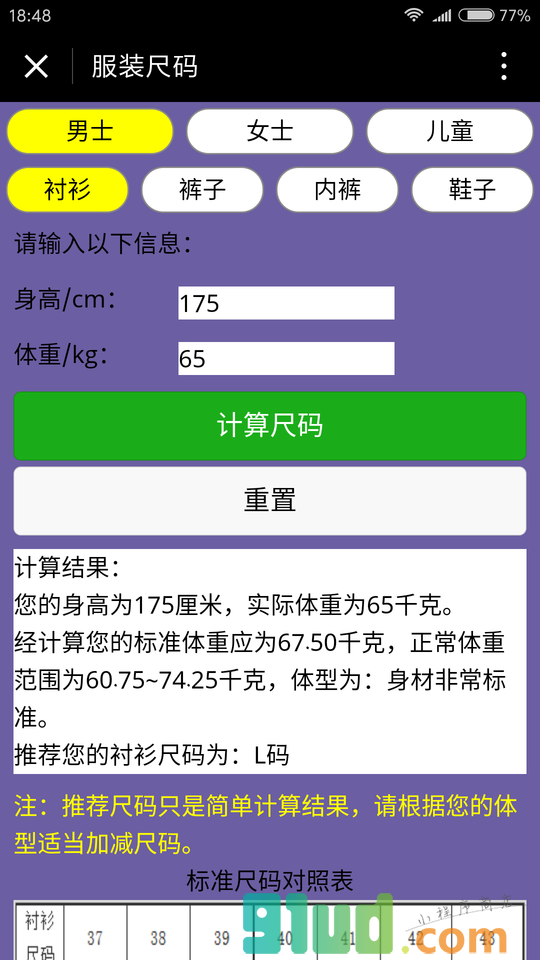 穿衣尺码小程序截图
