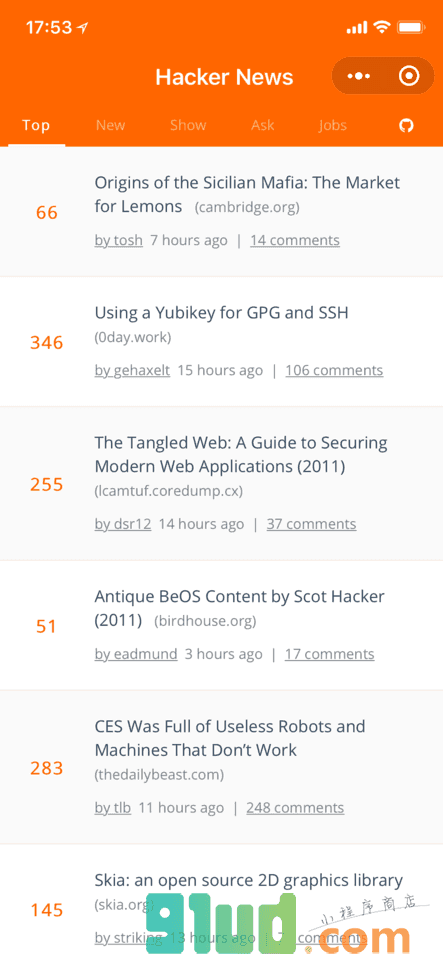 HackerNews热点小程序截图