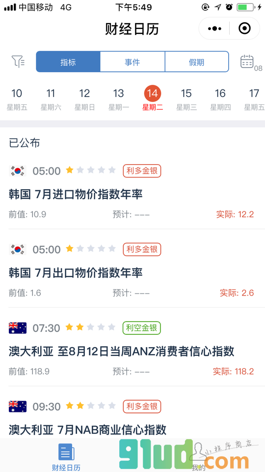口袋财经日历小程序截图